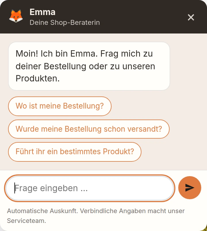 Chatfenster des Service-Assistenten mit Begr&uuml;&szlig;ung und Vorschlagsfragen zu Bestellung und Sortiment