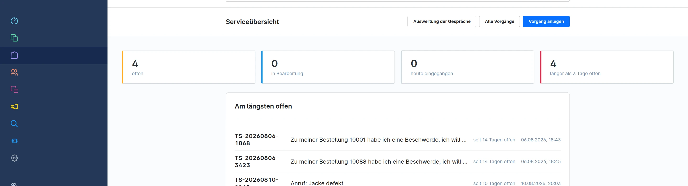 &Uuml;bersicht der offenen Serviceanfragen mit Kennzahlen und den am l&auml;ngsten offenen Vorg&auml;ngen