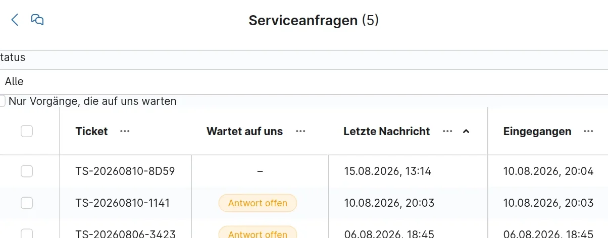 Serviceanfragen im Shopware-Adminbereich mit Ticketnummer, Status und Anliegen