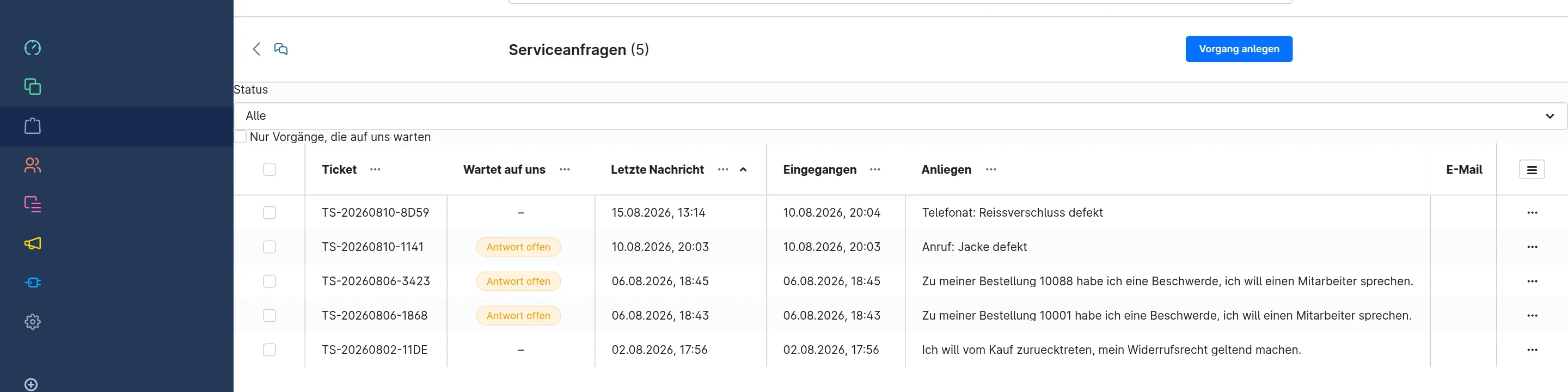 Liste der Serviceanfragen im Shopware-Adminbereich mit Ticketnummer, Status und Anliegen