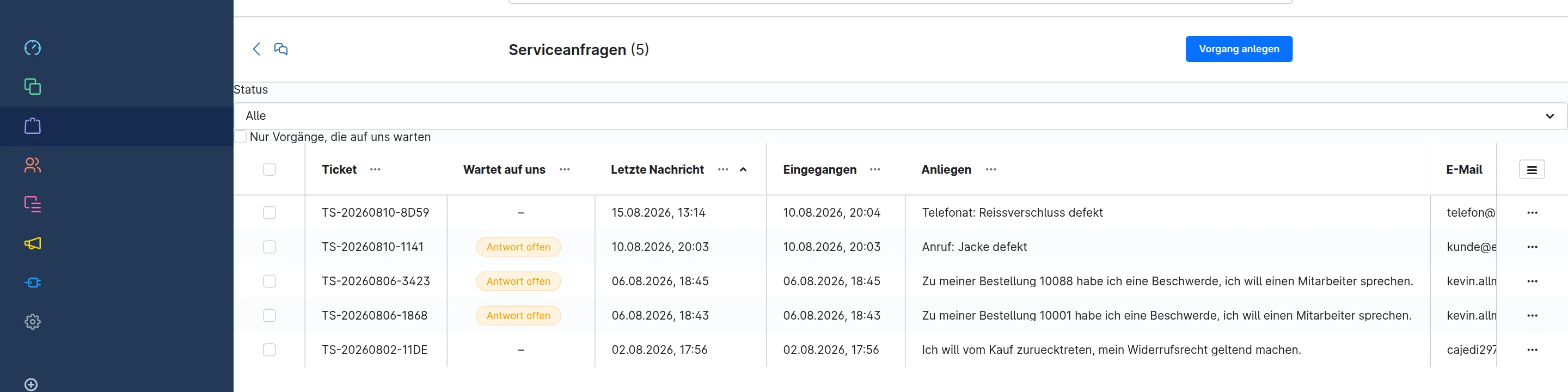 Liste der Serviceanfragen im Shopware-Adminbereich mit Ticketnummer, Status und Anliegen