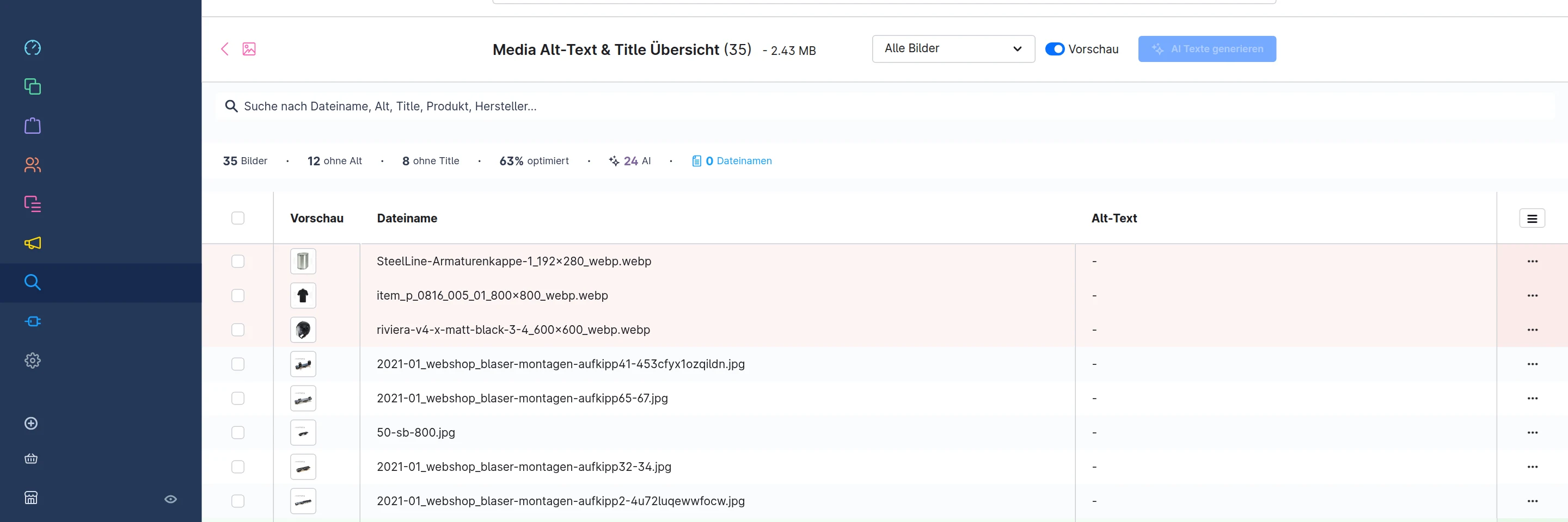 &Uuml;bersicht der Bilder-Alt-Texte im Shopware-Adminbereich mit Status je Medium