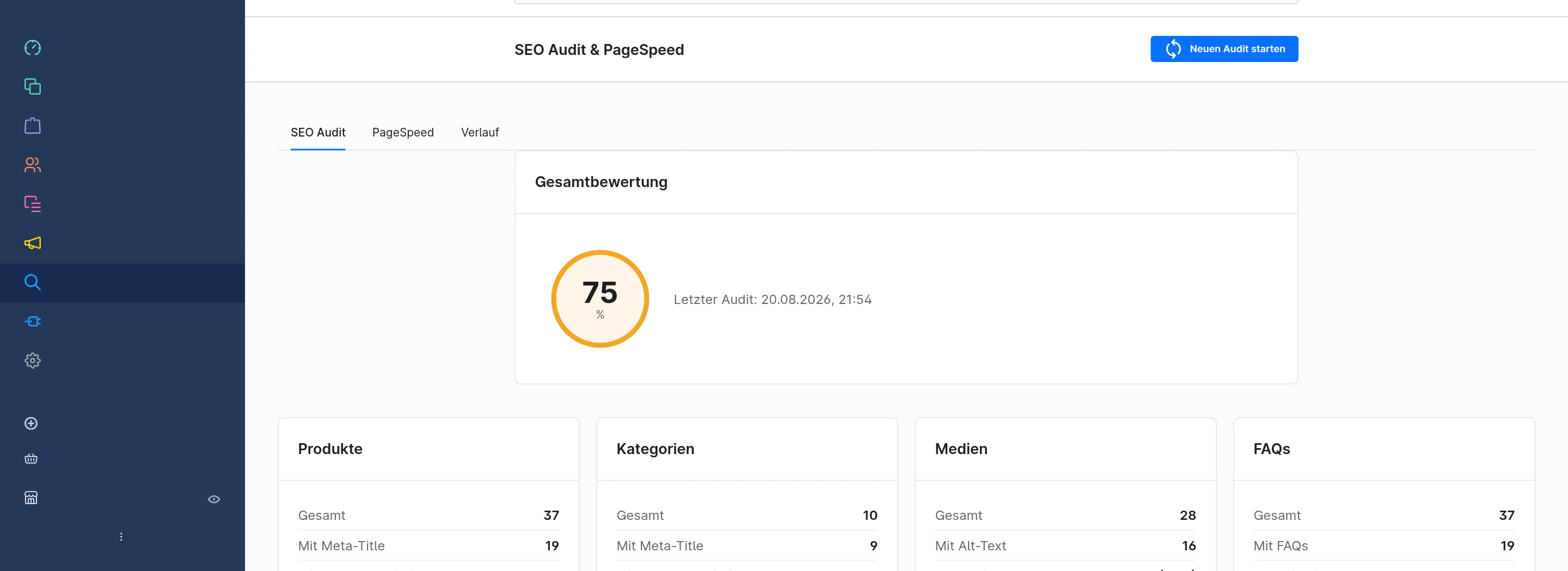 SEO-Audit mit Gesamtbewertung in Prozent und Auswertung f&uuml;r Produkte, Kategorien, Medien und FAQs