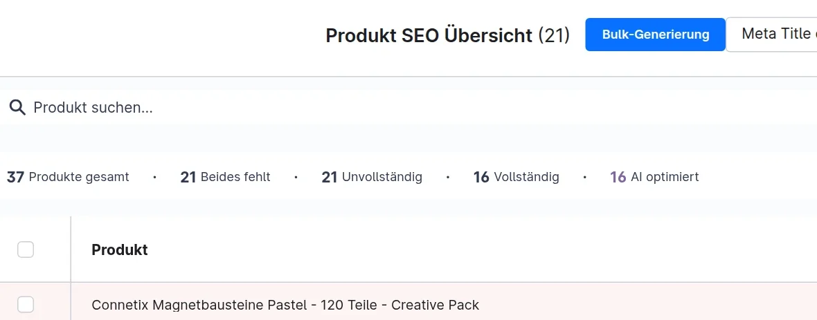 Produkt-SEO-&Uuml;bersicht im Shopware-Adminbereich mit Kennzahlen je Produkt und Bulk-Generierung