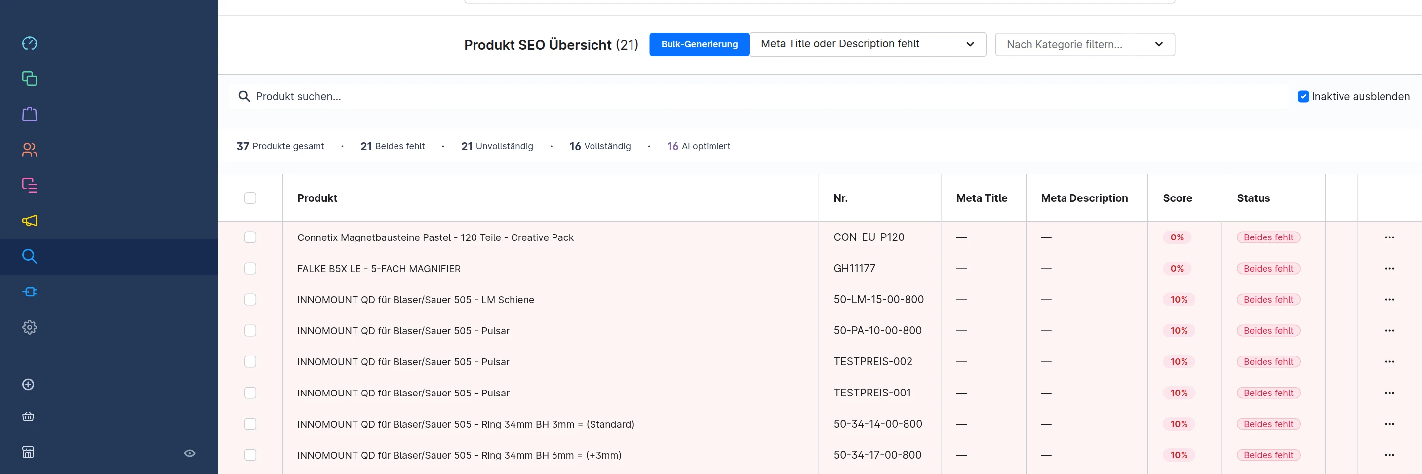 Produkt-SEO-&Uuml;bersicht im Shopware-Adminbereich mit Score je Produkt und Schaltfl&auml;che zur Bulk-Generierung